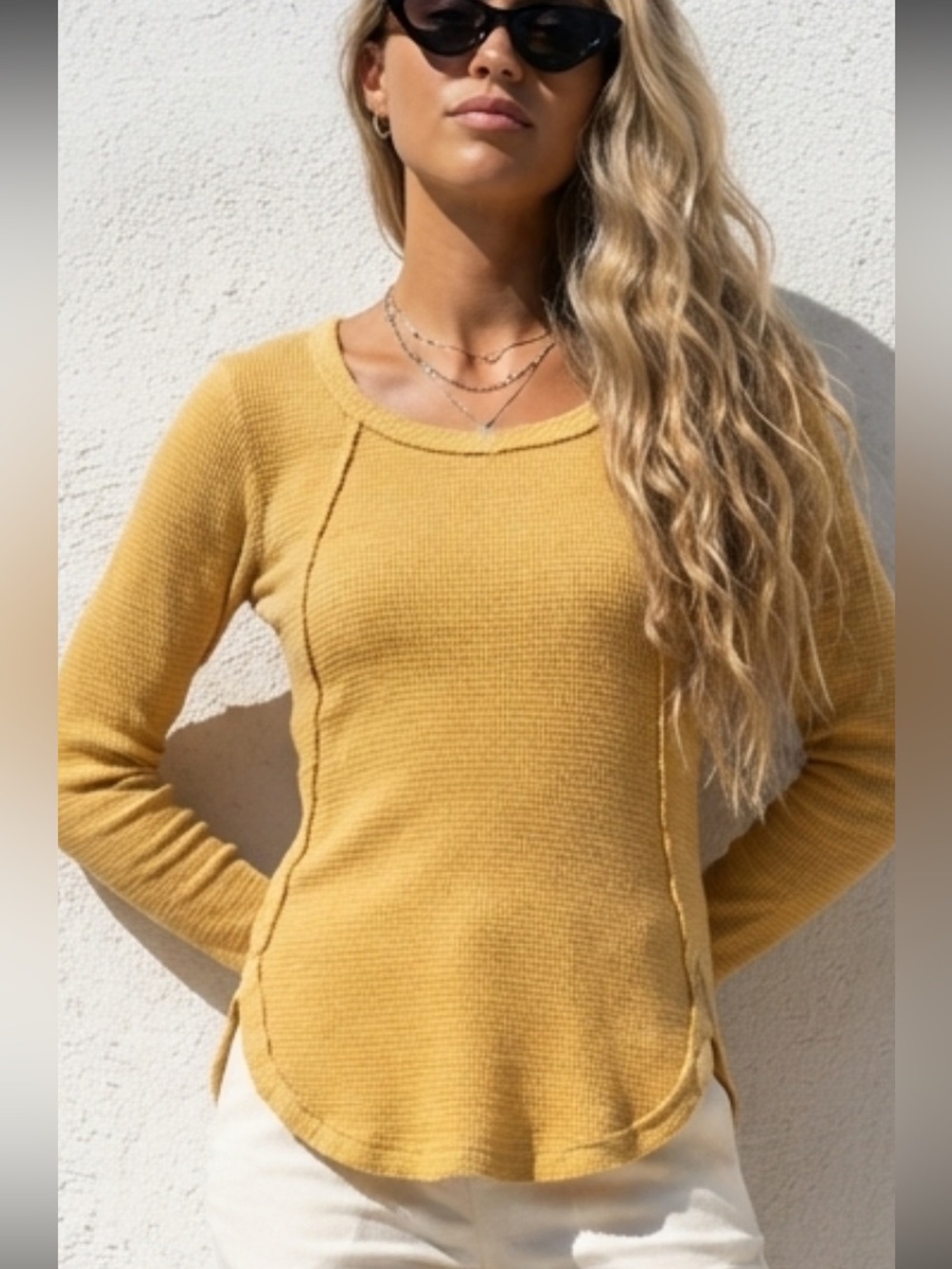 Women’s Waffle Texture Long Sleeve Henley top | Mododoc Gold Thermal top NWT S.